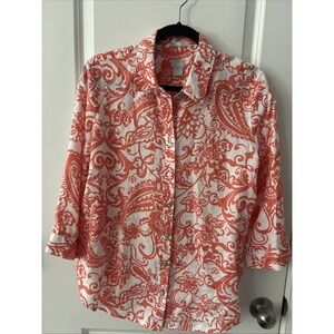 CHICO'S White Orange Paisley No Iron Linen Button Down Shirt Chico's 1.5 Sz 8-10
